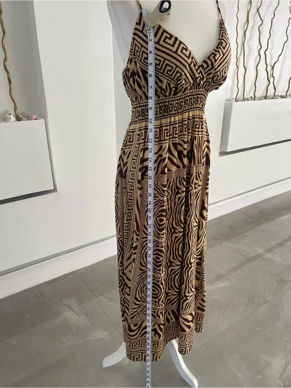 Brown Patterned Midi Dress with Spaghetti Straps